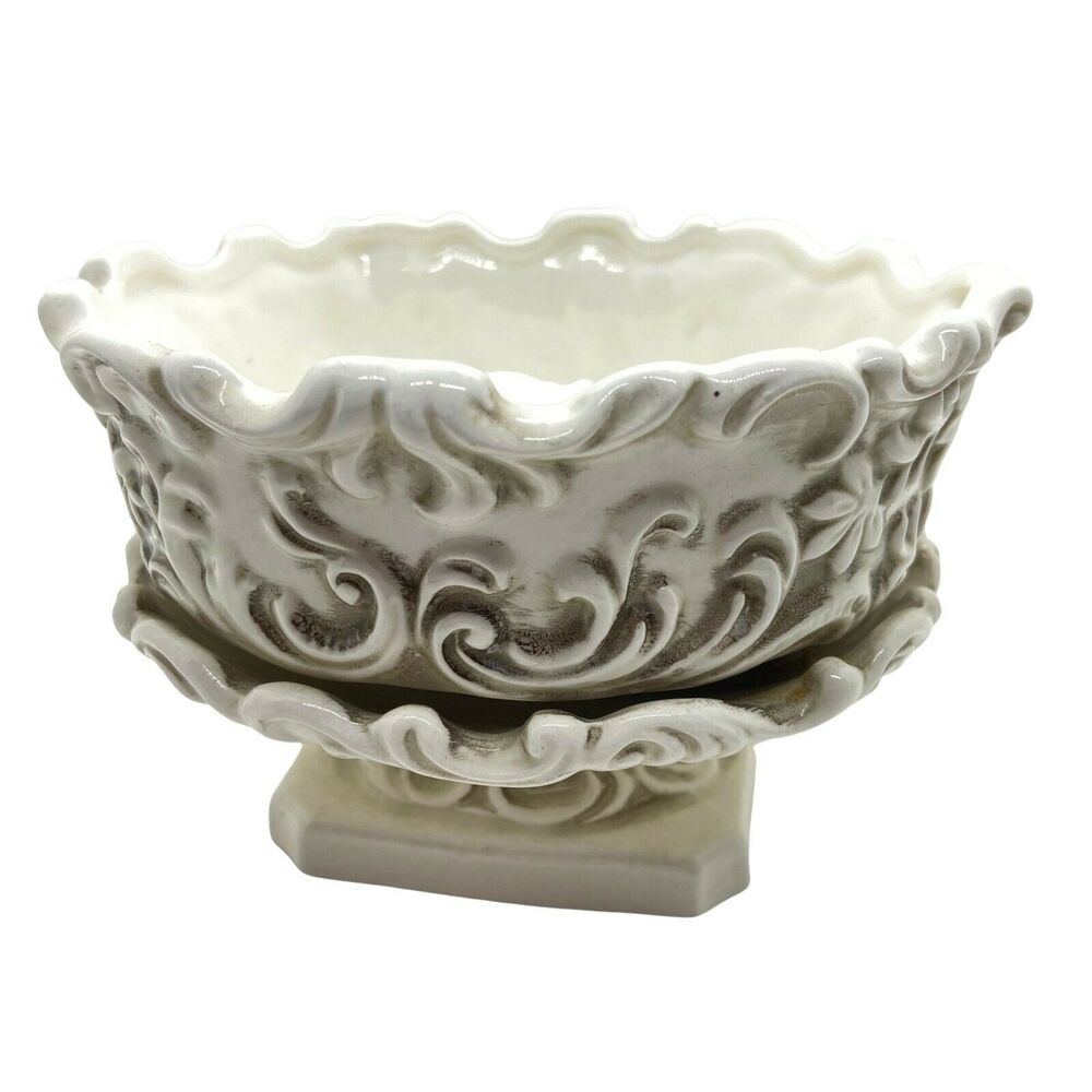 Lefton Pedestal Vase Japan Cream Ceramic Brown Glazed Decorative Round Succulent
